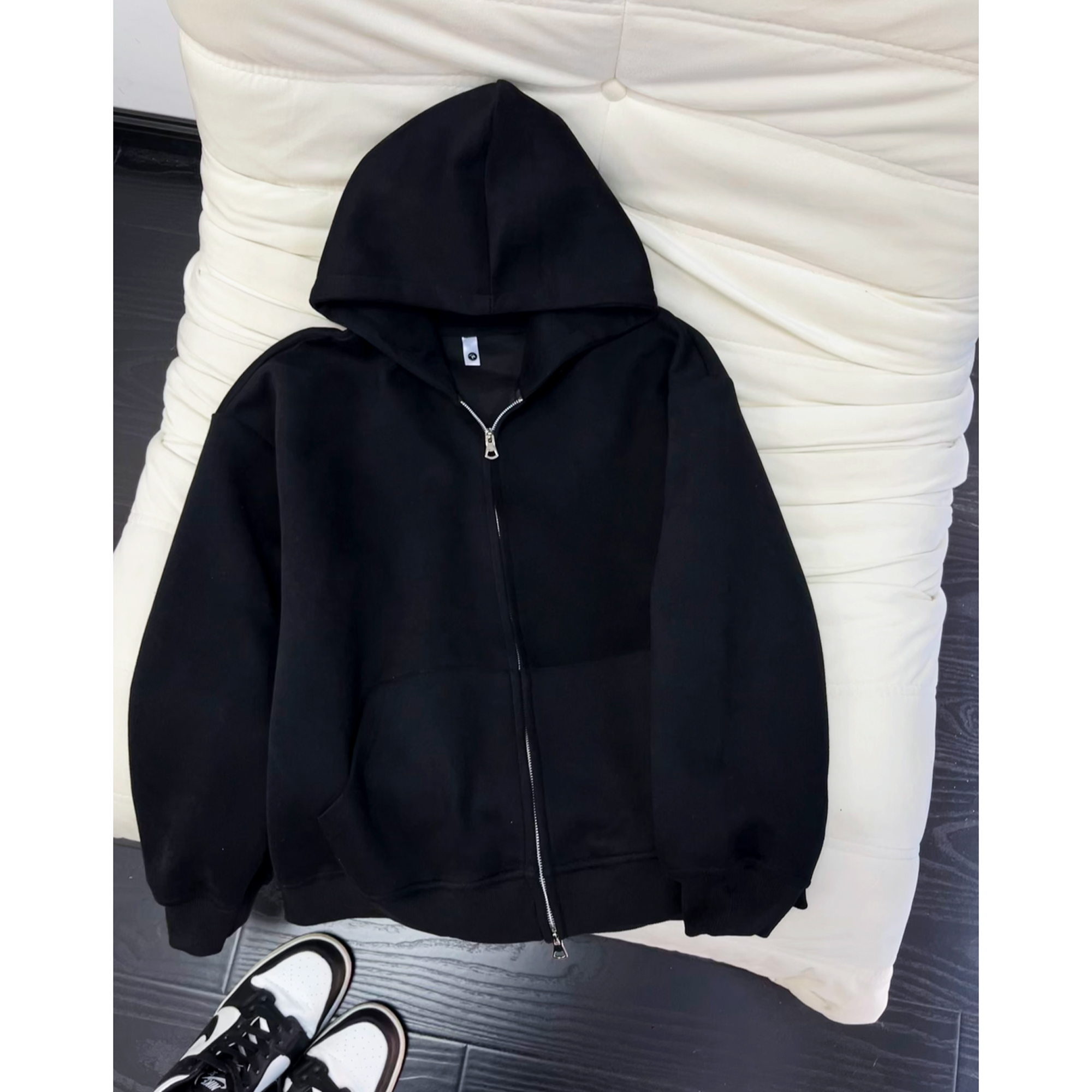 纯黑色双拉链开衫卫衣男春秋季美式重磅硬挺廓形外套连帽情侣夹克