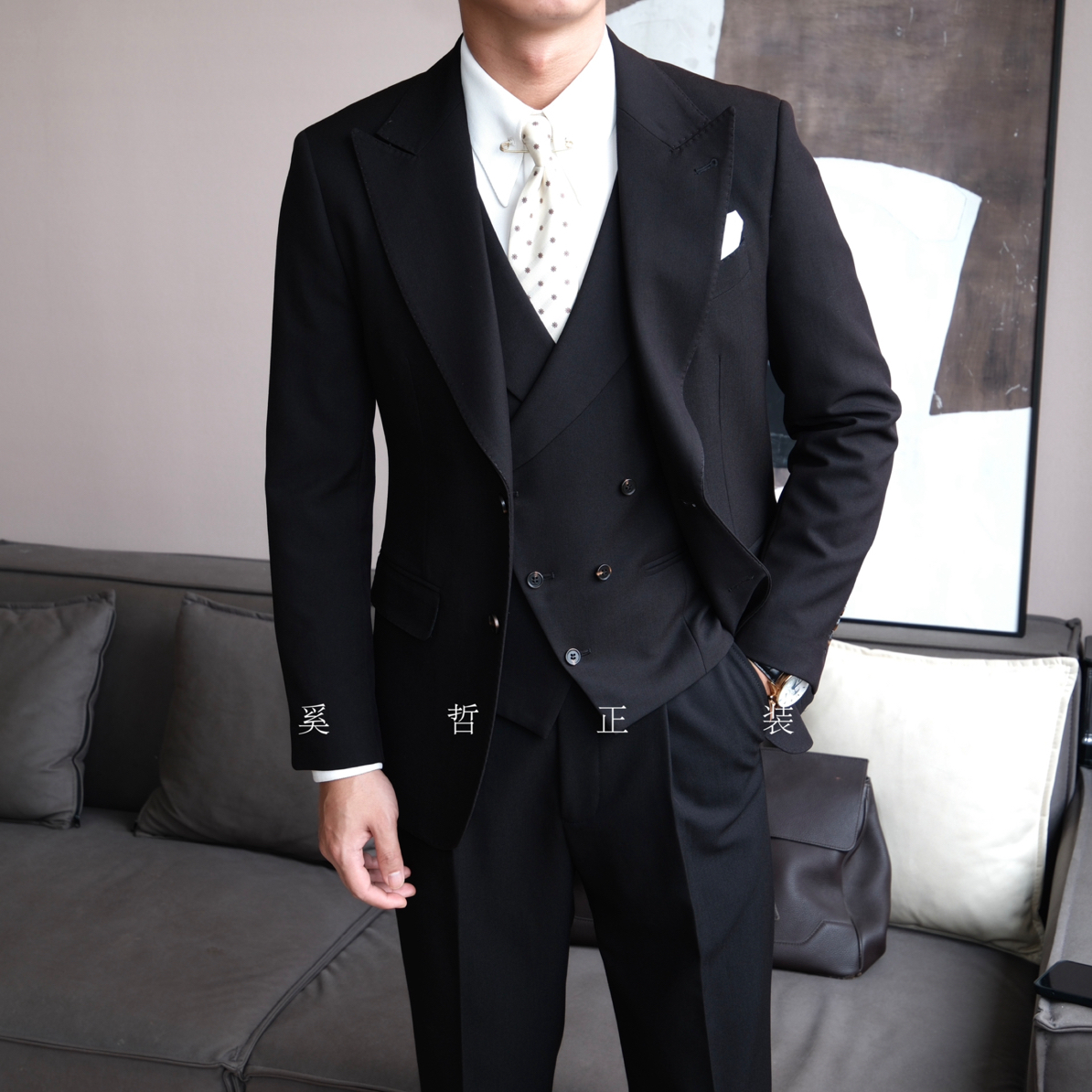 男士气质黑色轻奢权势英式绅士新郎西装三件套xz-201