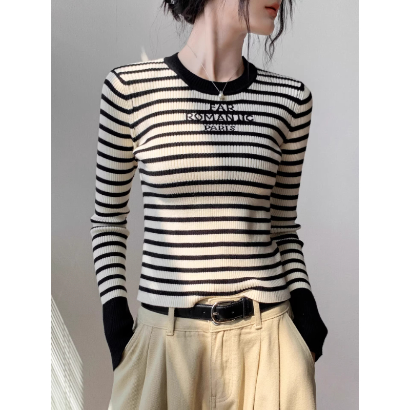 字母圆领条纹长袖女2025年秋季新款修身撞色T恤上衣