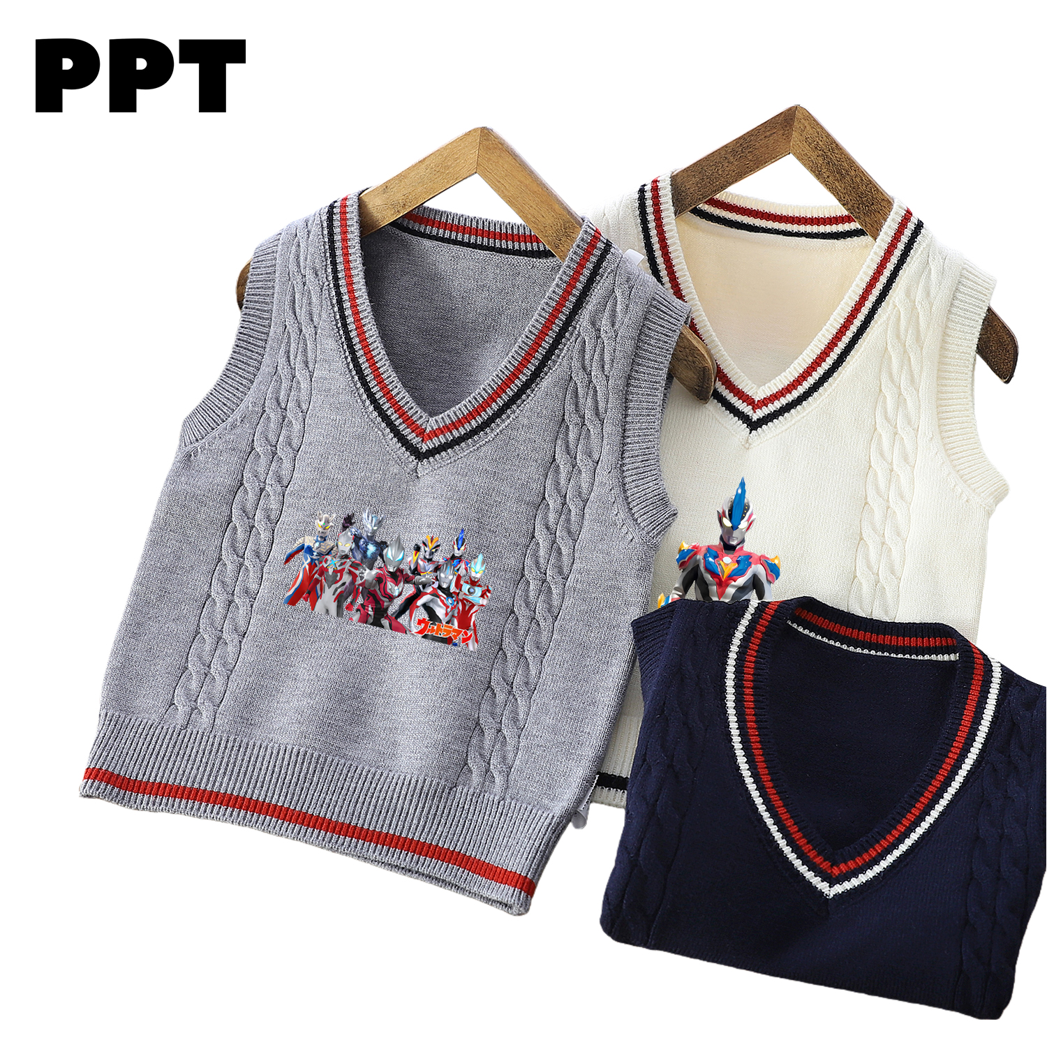 童装奥特曼宝宝针织背心秋季V领马甲儿童学院风毛衣坎肩秋款上衣
