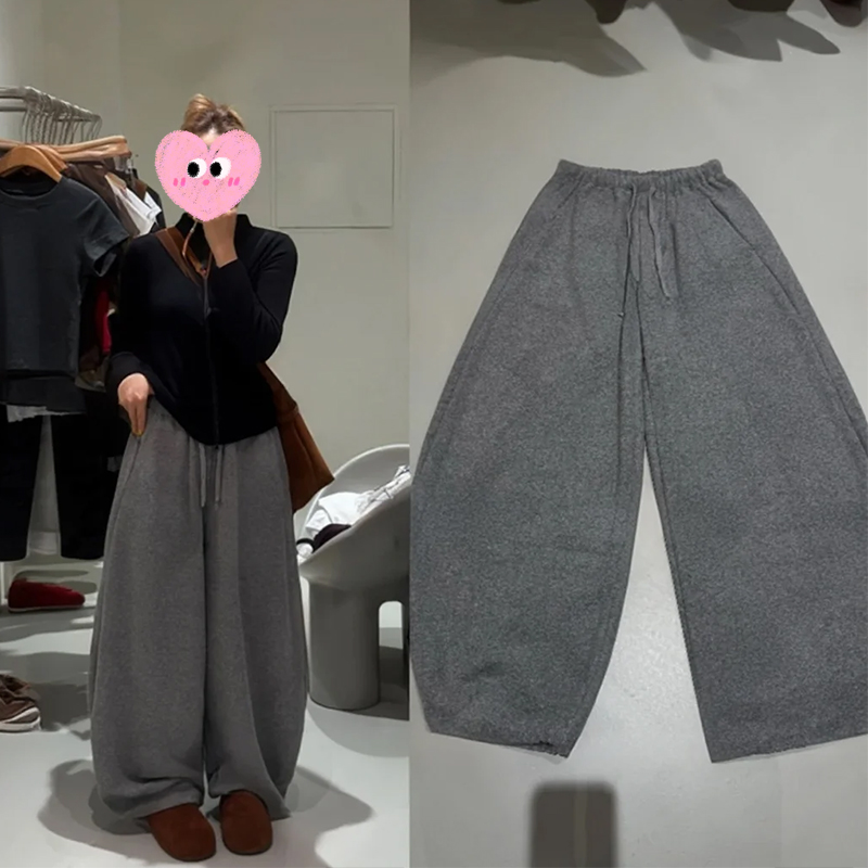 灰色直筒松紧腰阔腿裤女秋冬季2025新款百搭宽松运动休闲裤弯刀裤