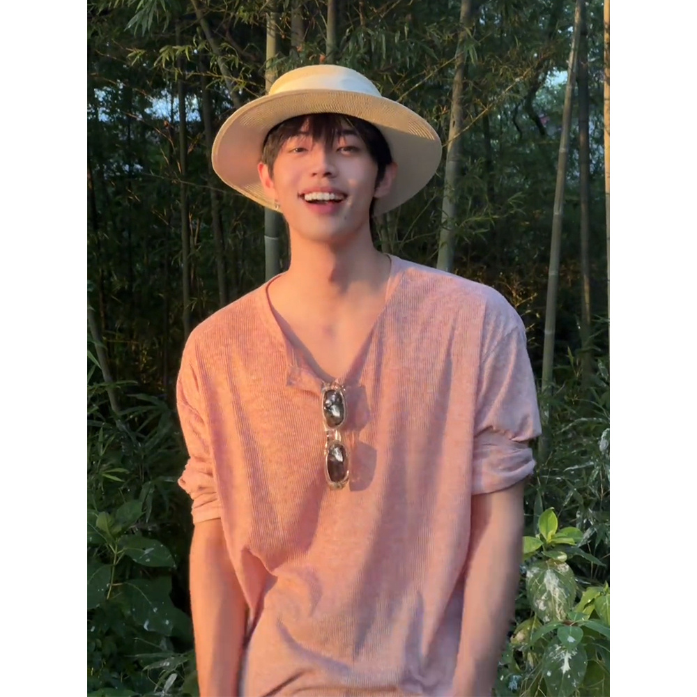 人夫感老钱风粉色亨利领长袖t恤男款春秋美式潮牌内搭打底衫上衣