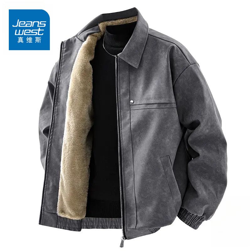 真维斯复古保暖夹克男士2025秋冬季新款加绒加厚休闲宽松皮外套男