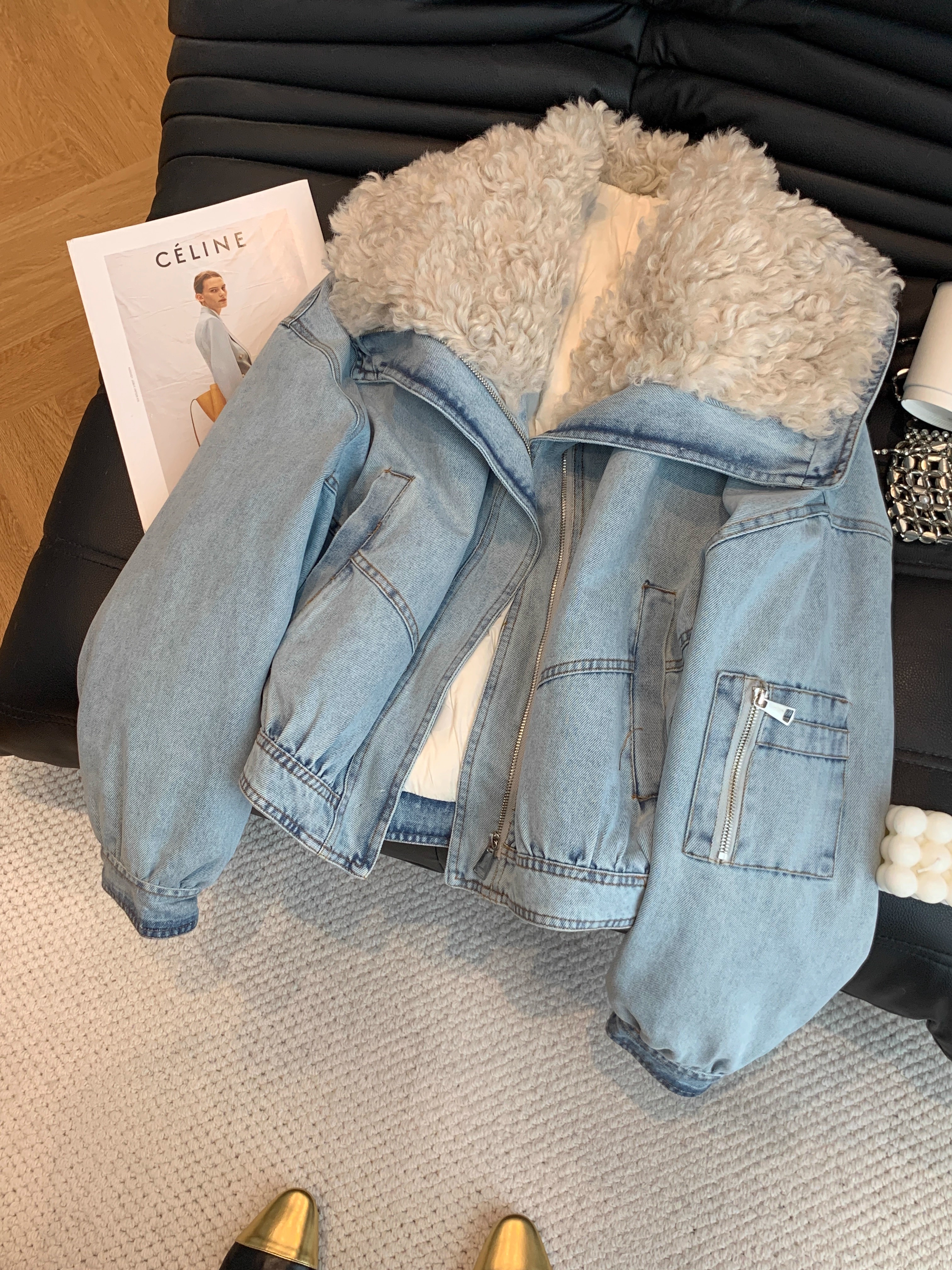 冬季2025新款高端派克服短款百搭气质高级感毛领牛仔棉服棉衣外套