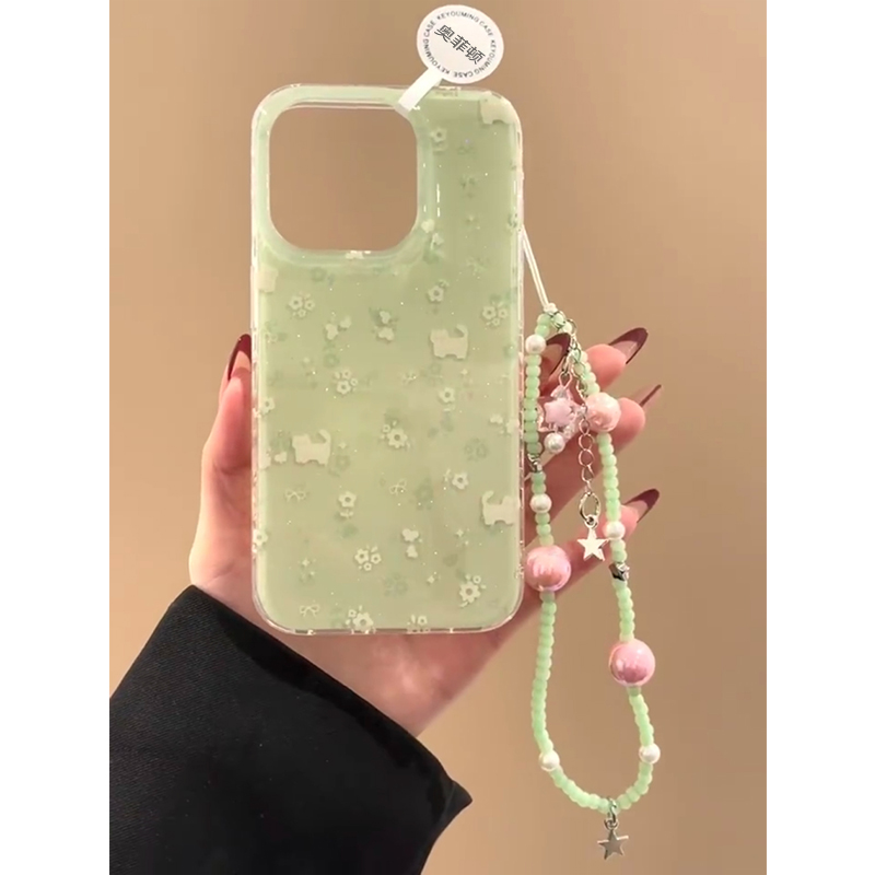 奥菲顿花丛小猫挂绳适用iPhone16/15pro白色闪粉苹果13手机壳12套