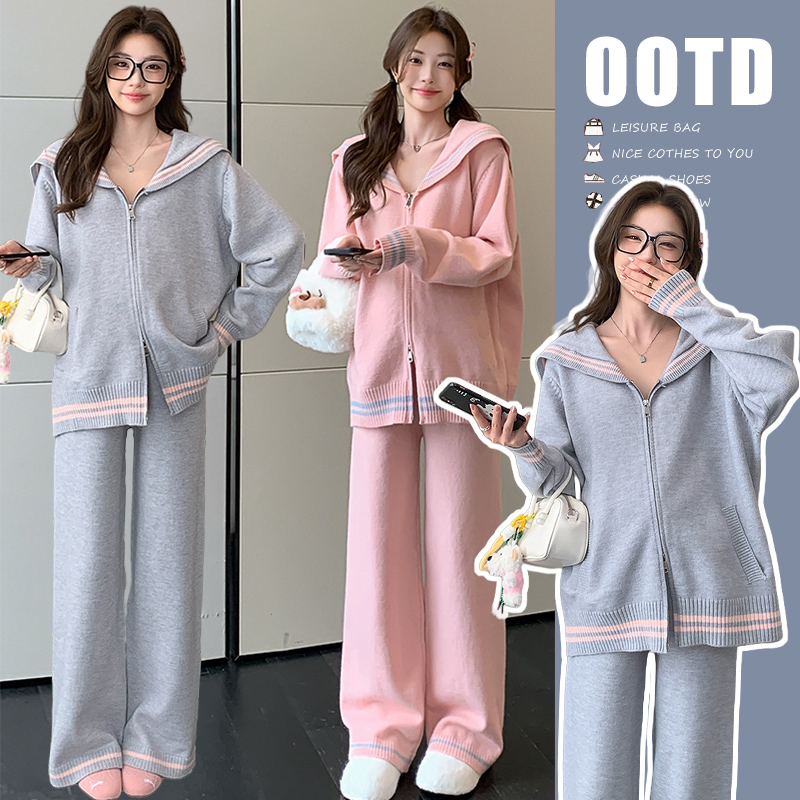 孕妇套装2025新款秋冬休闲时尚针织毛衣长袖格纹拼接设计孕妇装