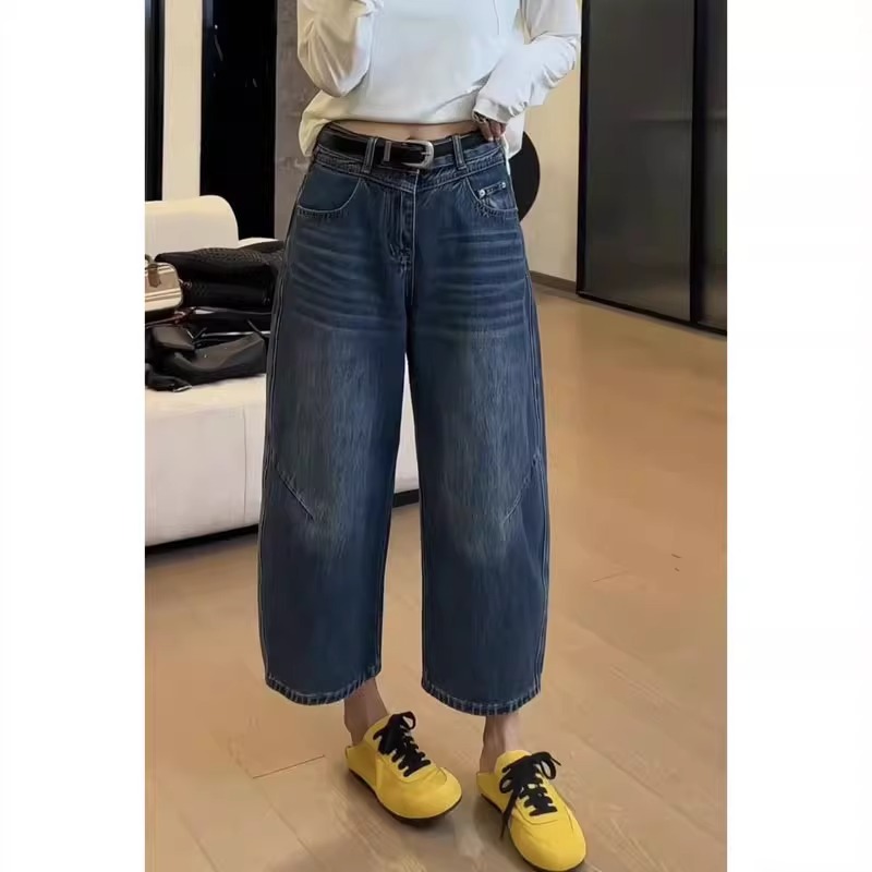 阔腿裤显瘦秋季新款加长牛仔裤女窄版萝卜裤梨形身材大码百搭蓝色