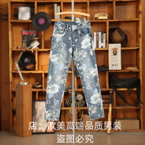 秋冬季原创高端美式复古印花男士牛仔裤修身小直筒弹力休闲个性潮