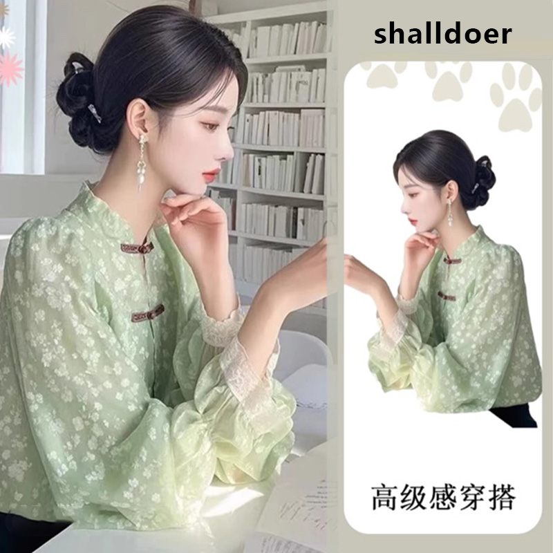 时尚浅绿碎花衬衫女2026春秋新款新中式优雅气质立领长袖上衣女款