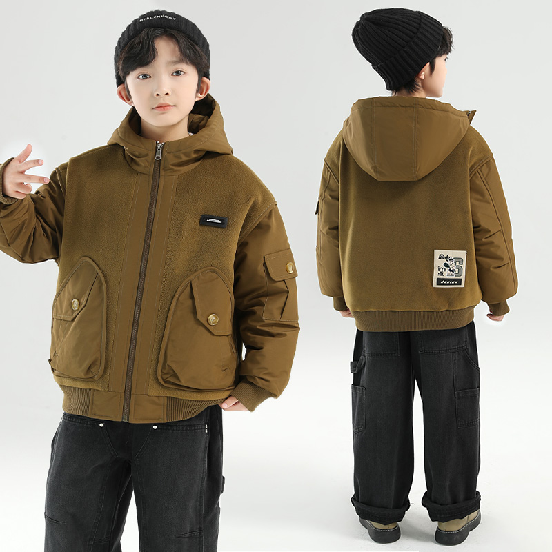 休闲风中长款连帽拼色百搭风棉服童装男童秋冬外套