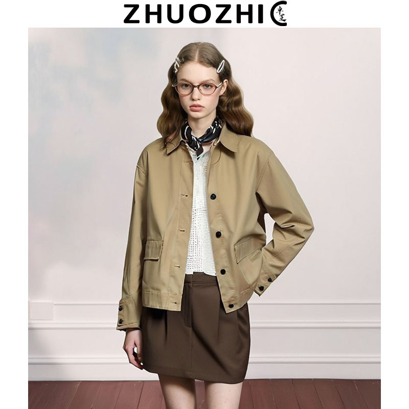 [卓芝]法式卡其色翻领短款外套女2025秋冬新款高级感宽松百搭上衣