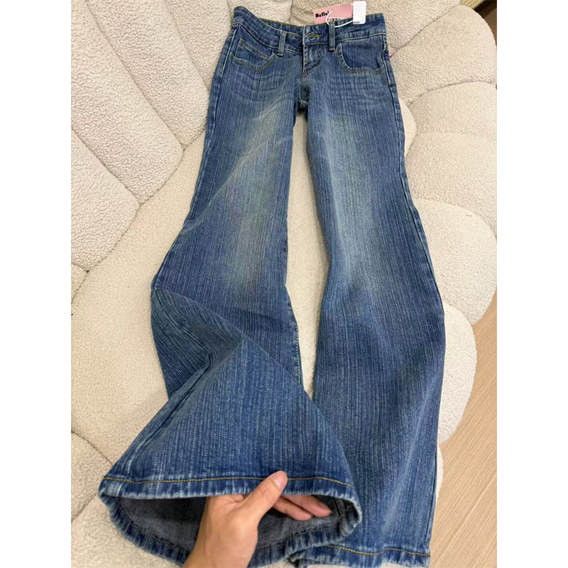 高个子新款美式深蓝色垂感牛仔裤女夏季显瘦竹节纹低腰微喇直筒裤