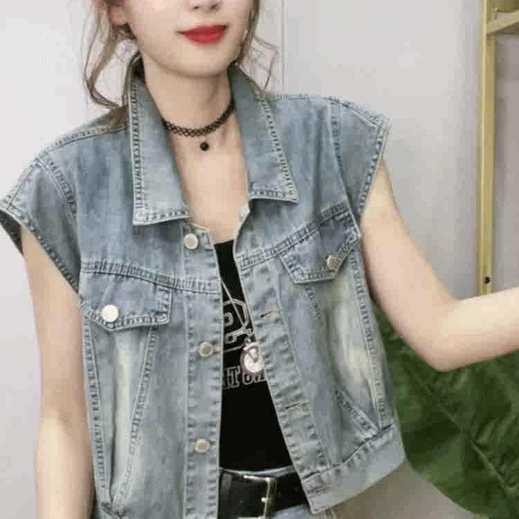 短款褶皱牛仔短袖马甲外套女2025夏季新款宽松百搭薄款飞飞袖马夹