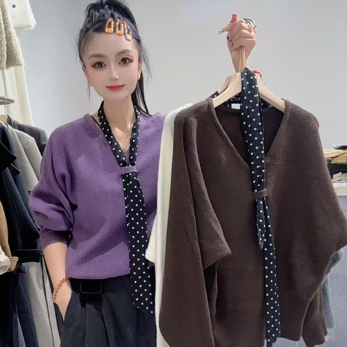 波点领带洋气上衣