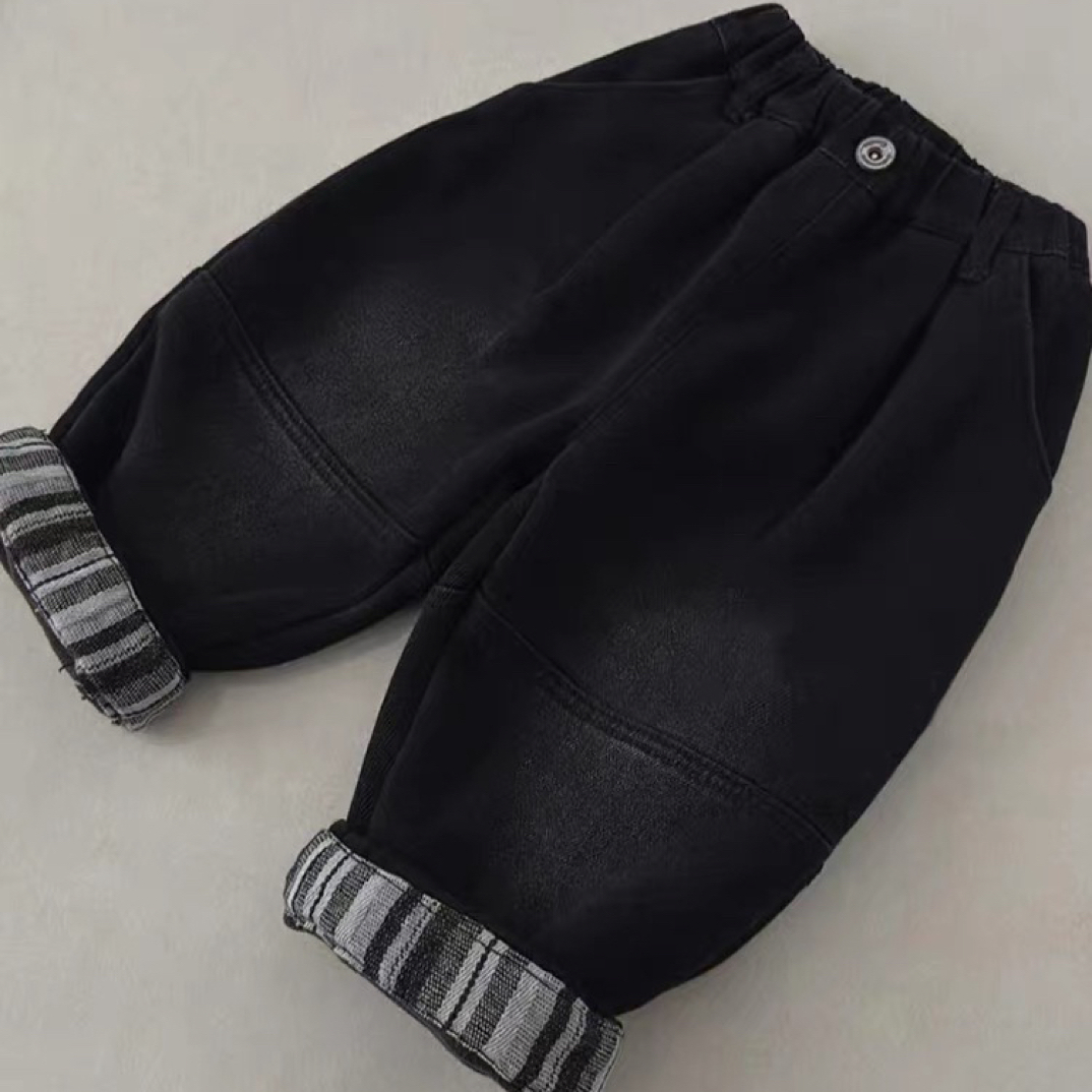 男童儿童一体绒格子边宽松2025冬季加绒拼接百搭牛仔裤潮冬款秋冬