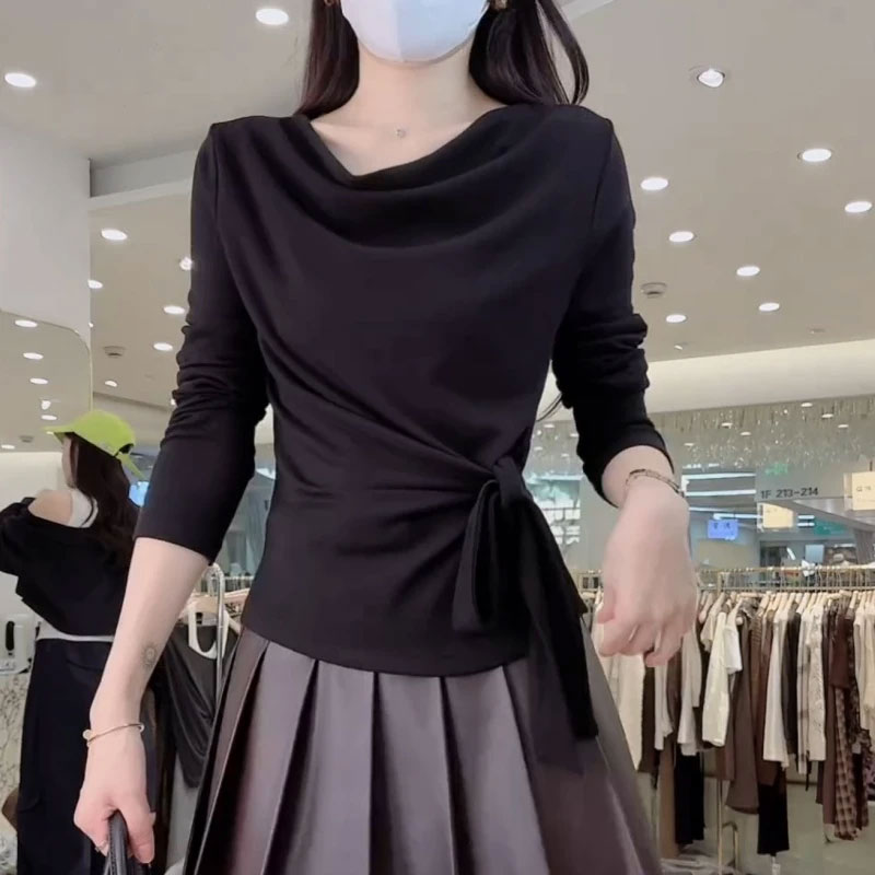韩系设计感收腰系带T恤女2026春秋新款气质显瘦开叉chic别致上衣