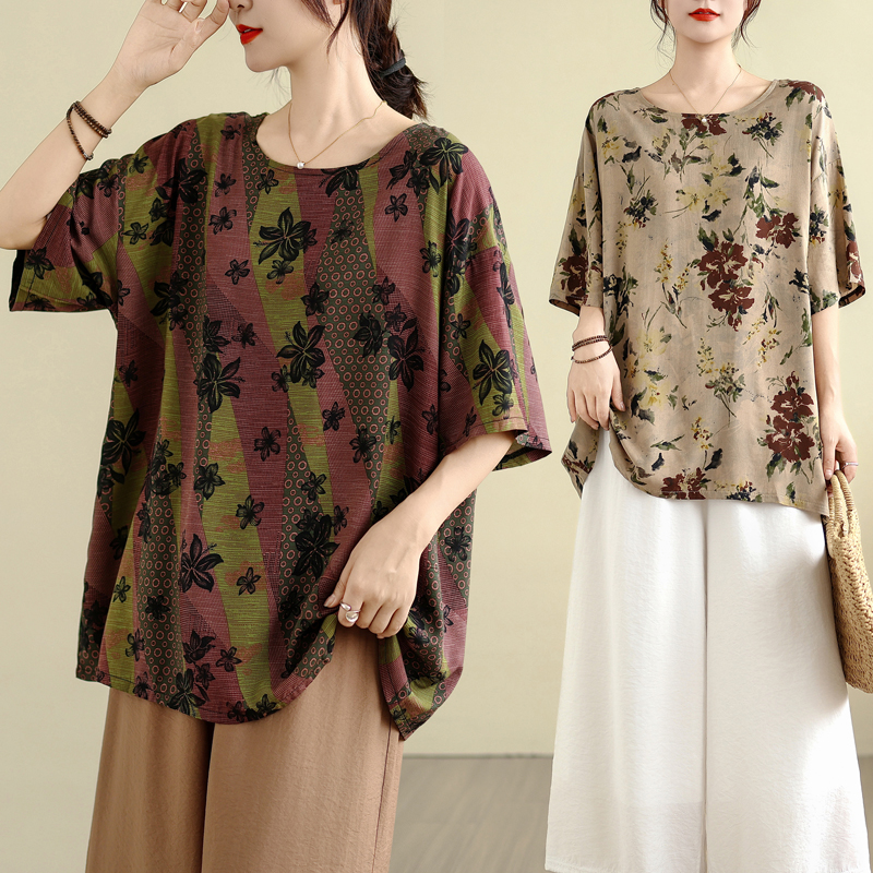 短袖棉绸印花圆领胖mm短袖T恤休闲中老年上衣大码女装宽松遮肚女