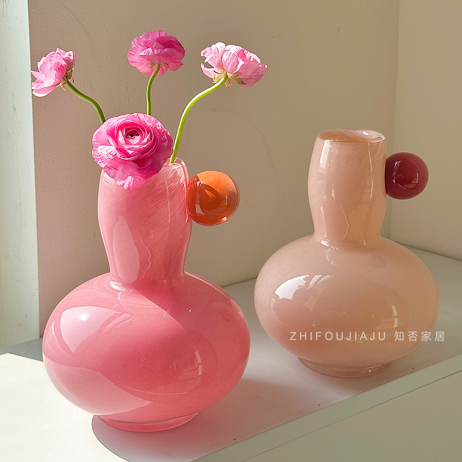 北欧胖葫芦花瓶设计感ins糖果色圆肚琉璃花器客厅样板间装饰摆件