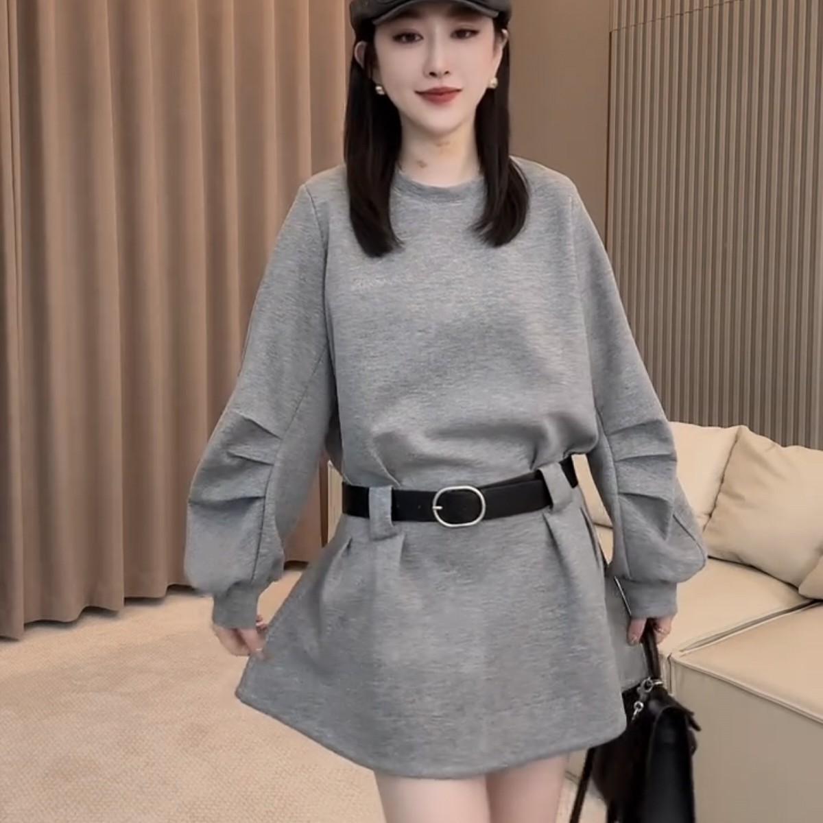 时尚气质网红女款百搭欧货秋季新款长袖连衣裙280g蔓巴棉带腰带