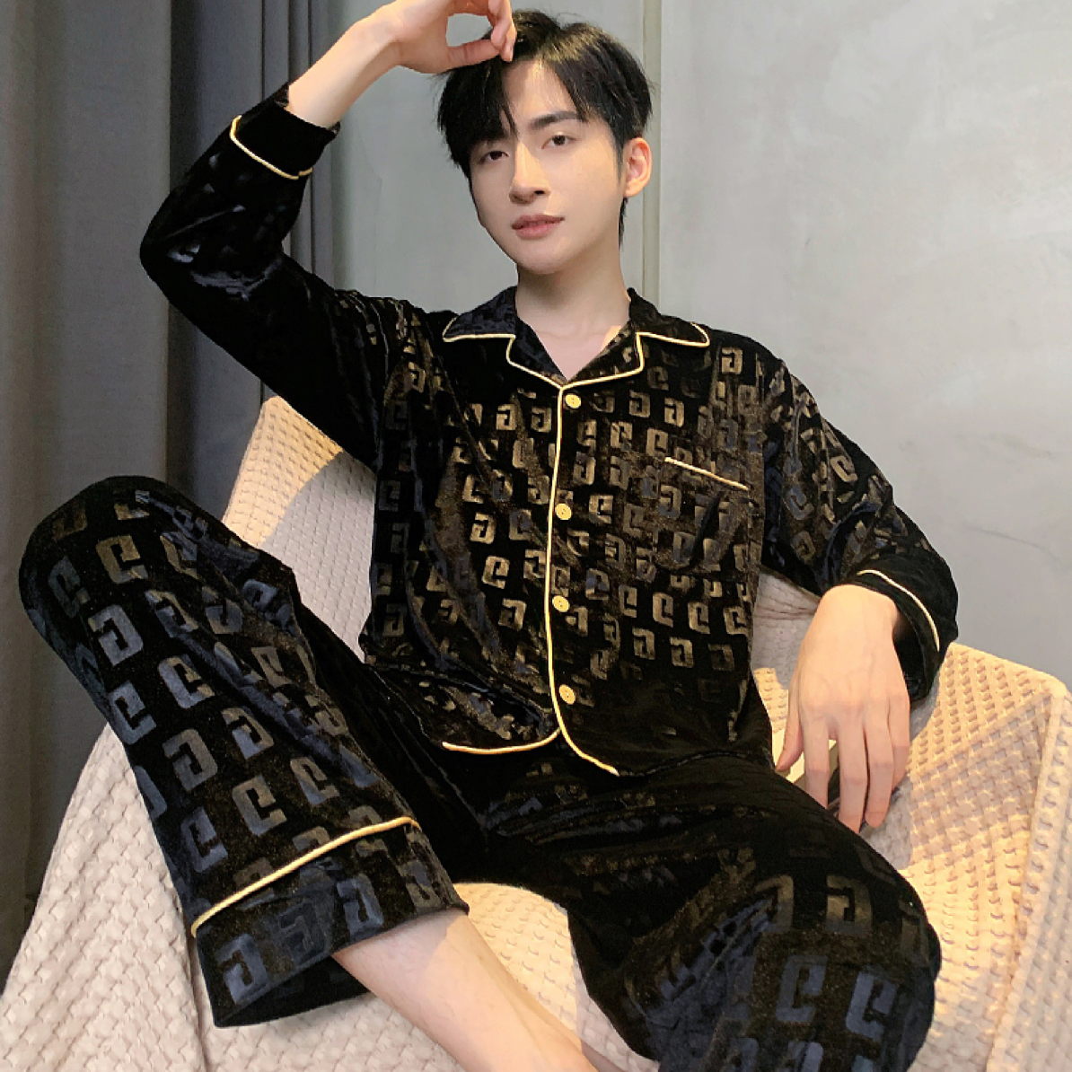 G字母男士秋冬新款男款金丝绒家居服睡衣套装