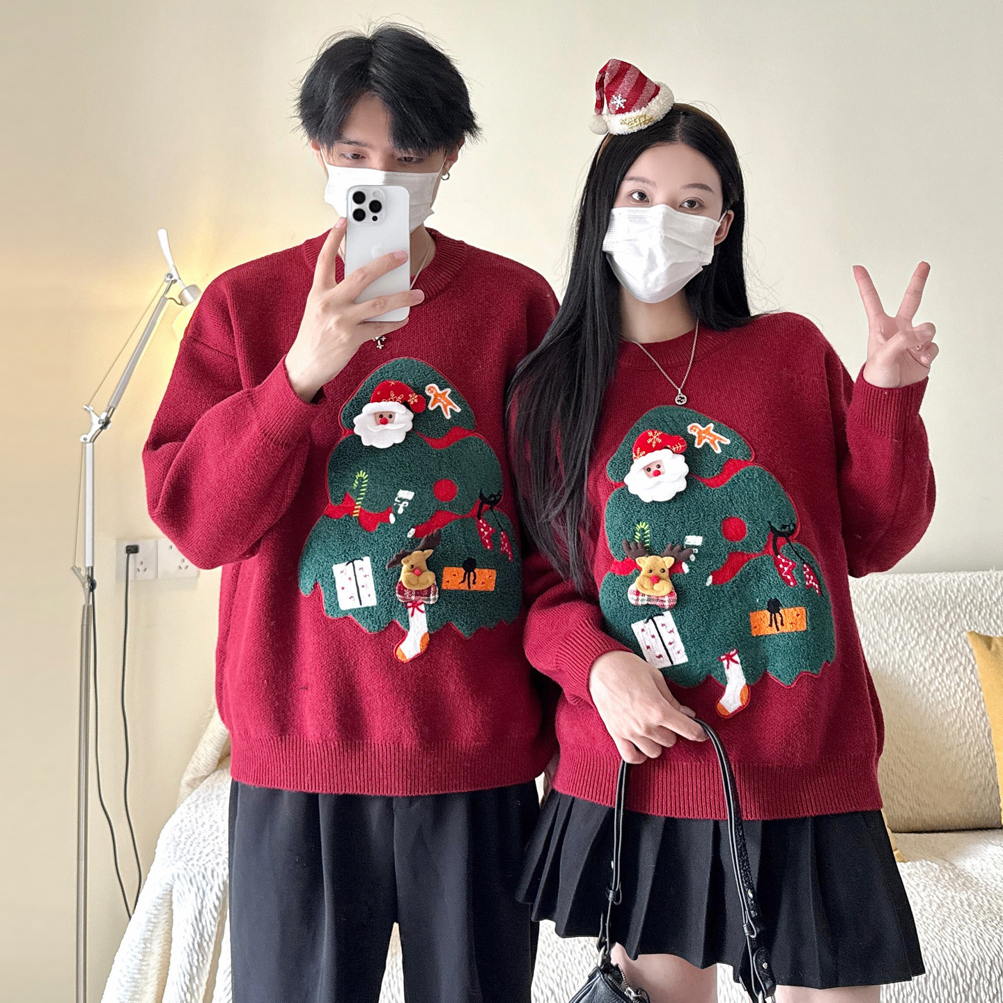 情侣装秋冬新款圣诞节红色针织衫宽松软糯新年红毛衣外套加厚线衣