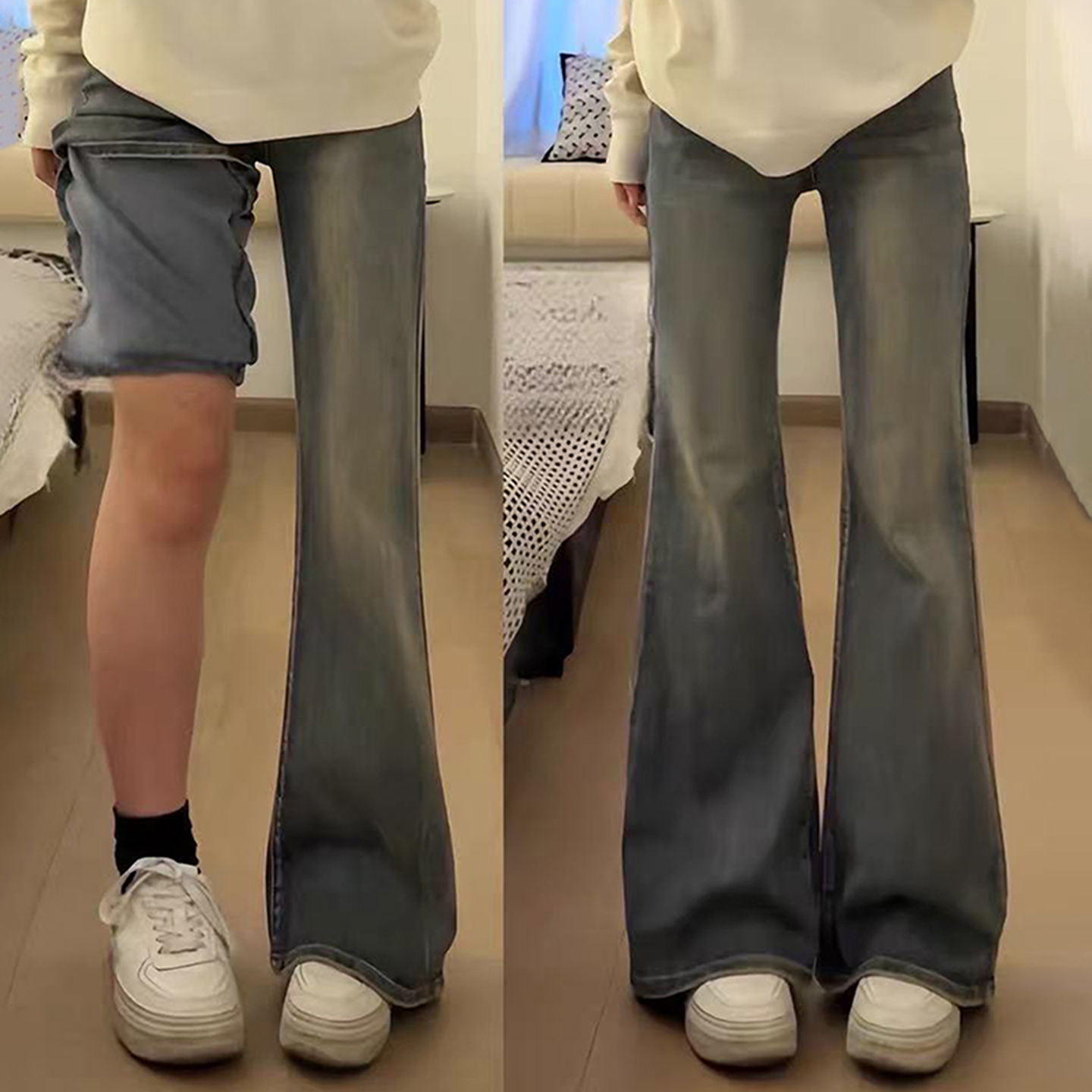 高腰阔腿微喇牛仔裤女小个子秋季2025新款修身显瘦不贴腿喇叭裤子