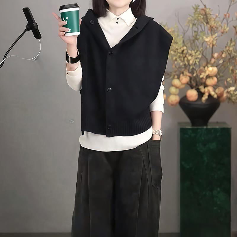 韩系潮流连帽针织开衫外套马甲2026秋季无袖宽松舒适马夹上衣女装