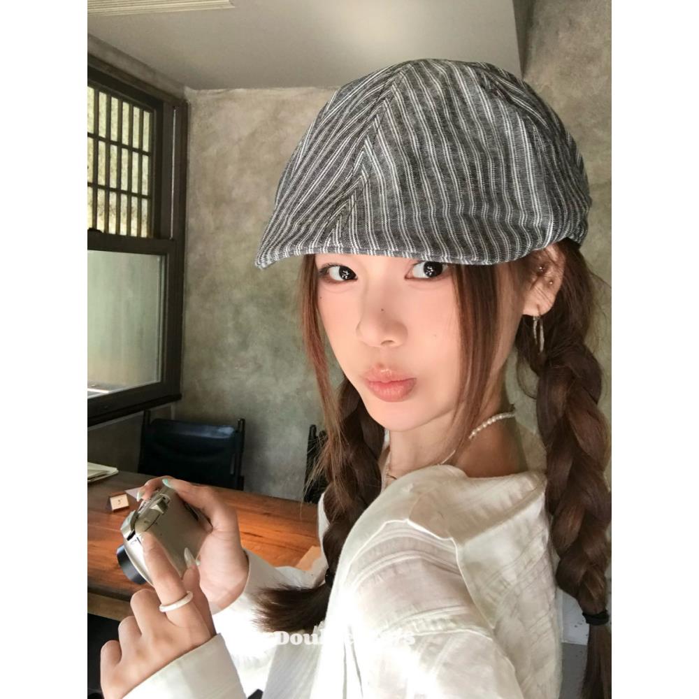 double i i 日系文艺条纹前进帽子女夏薄款透气复古百搭鸭舌帽