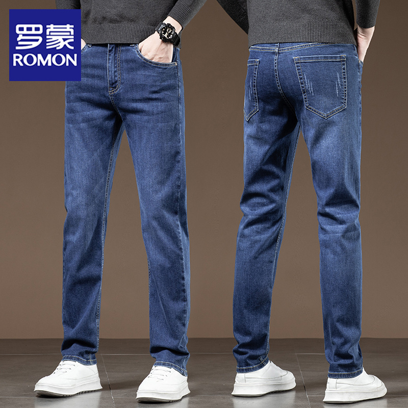 罗蒙秋冬季2025新款男士牛仔裤男款修身直筒加绒弹力休闲长裤子男