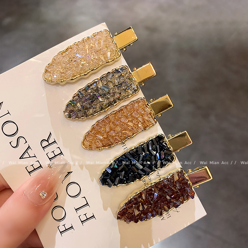 高端鸭嘴夹铲子发夹无痕边夹女轻奢水晶刘海夹侧边夹后脑勺一字夹