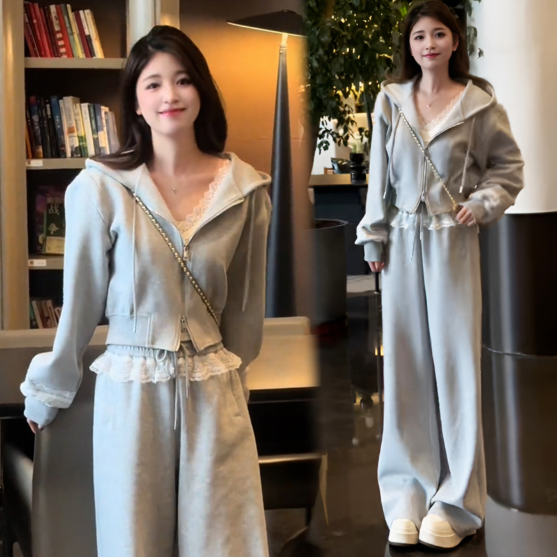 蕾丝花边拼接休闲运动套装欧洲站2025春秋新款宽松阔腿裤两件套女