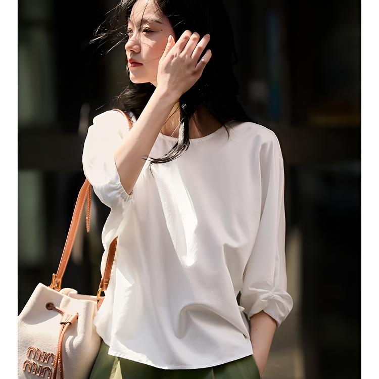 艺术时尚通勤褶皱连肩五分袖衬衫女高级穿搭可收腰显瘦圆领上衣夏
