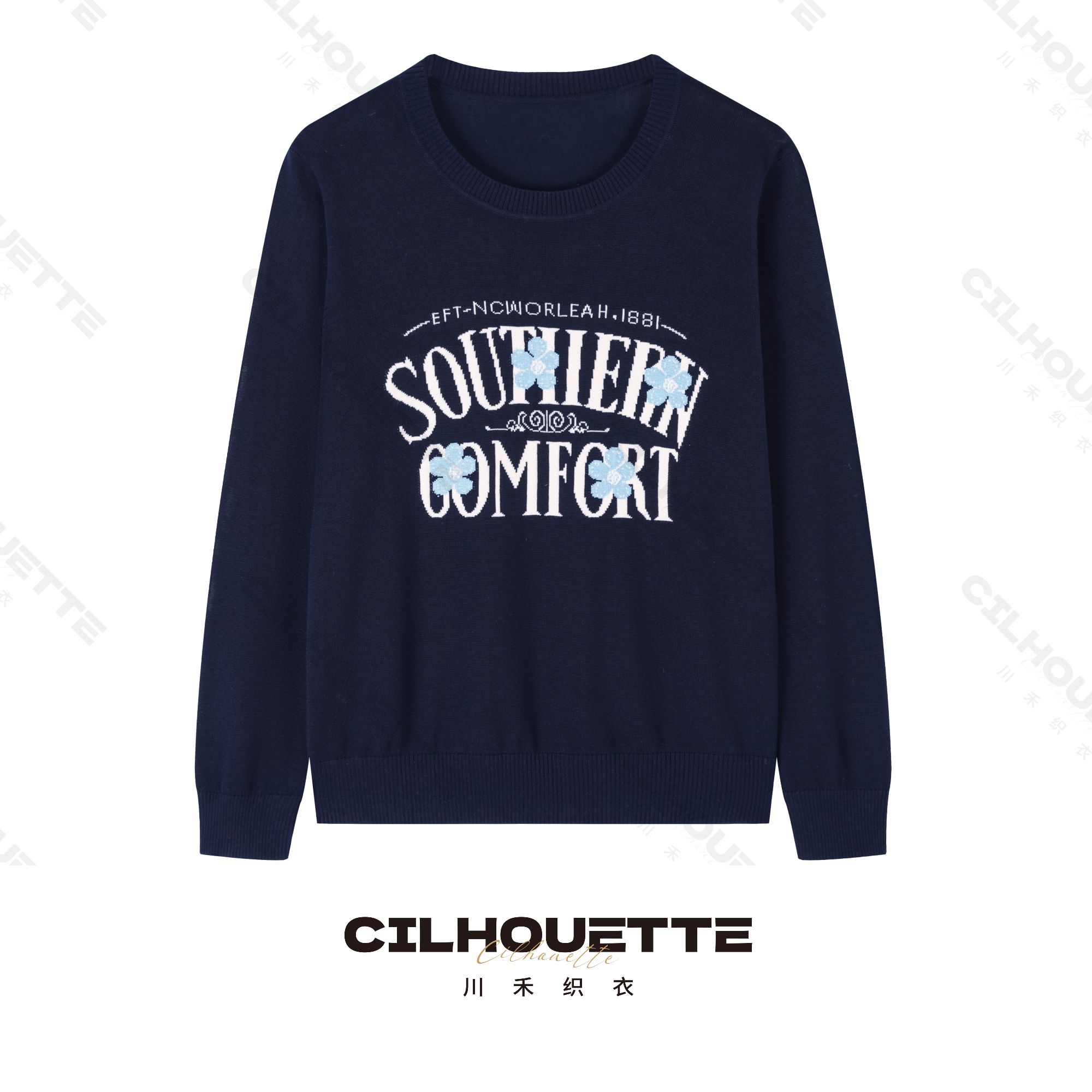 川禾织衣 早秋字母提花撞色圆领100纯兰精天丝长袖高端针织T恤衫