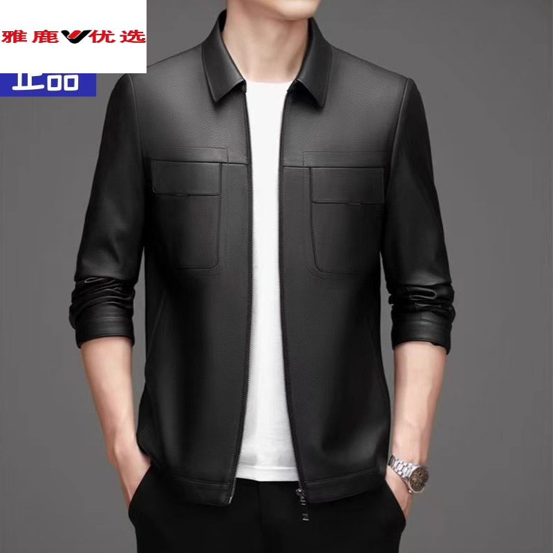 雅鹿优选春秋皮衣外套男2025秋冬新款海宁机车棕色翻领男士皮夹克