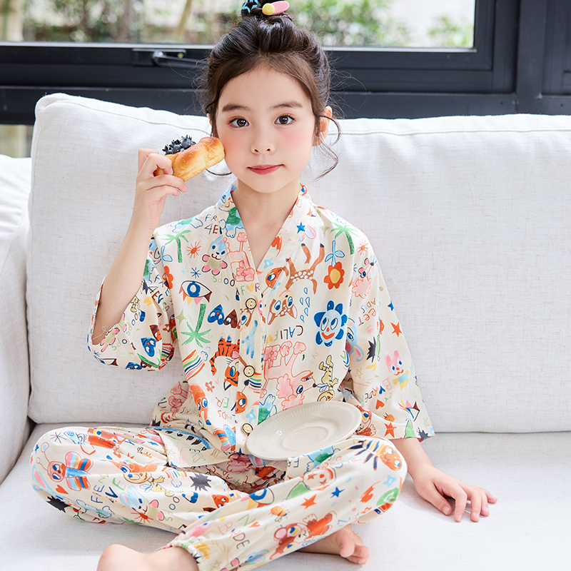夏季儿童棉绸睡衣男童女童七分袖薄款家居绵绸女孩儿童棉绸睡衣
