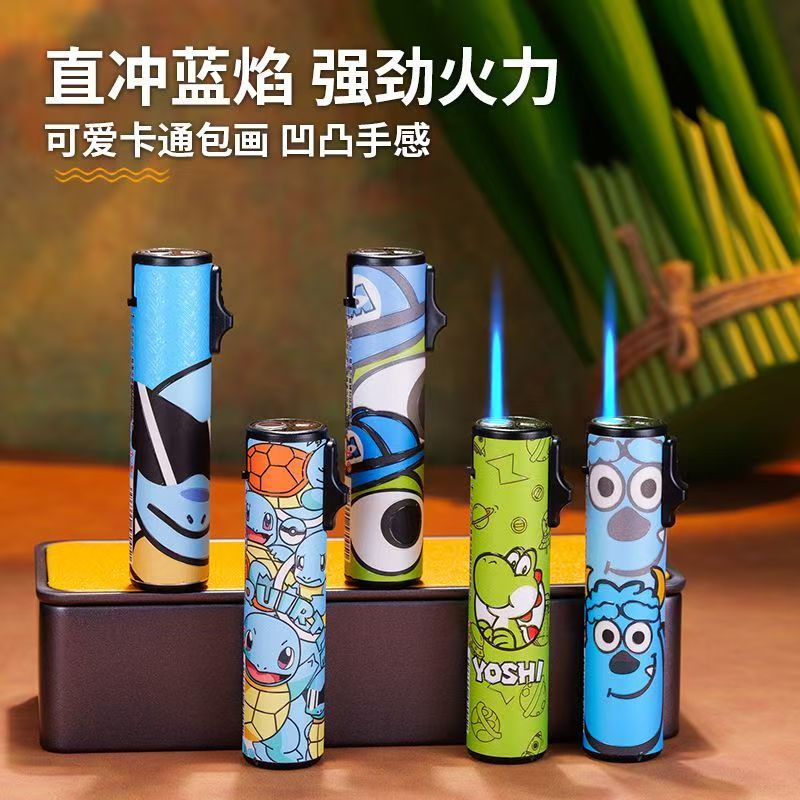 新款创意圆柱卡通国风可充气防风打火机炫酷蓝焰送男女朋友礼物