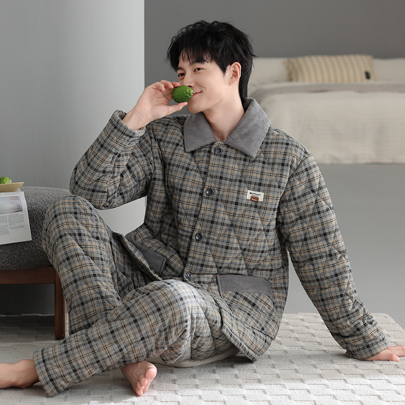 睡衣男士冬季三层加厚加绒梭织纯棉夹棉秋冬款珊瑚绒高级感家居服