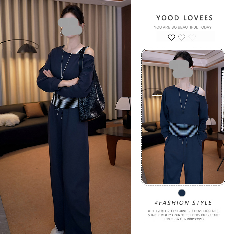 2025春秋新款韩系休闲慵懒风条纹假两件露肩卫衣宽松阔腿裤两件套