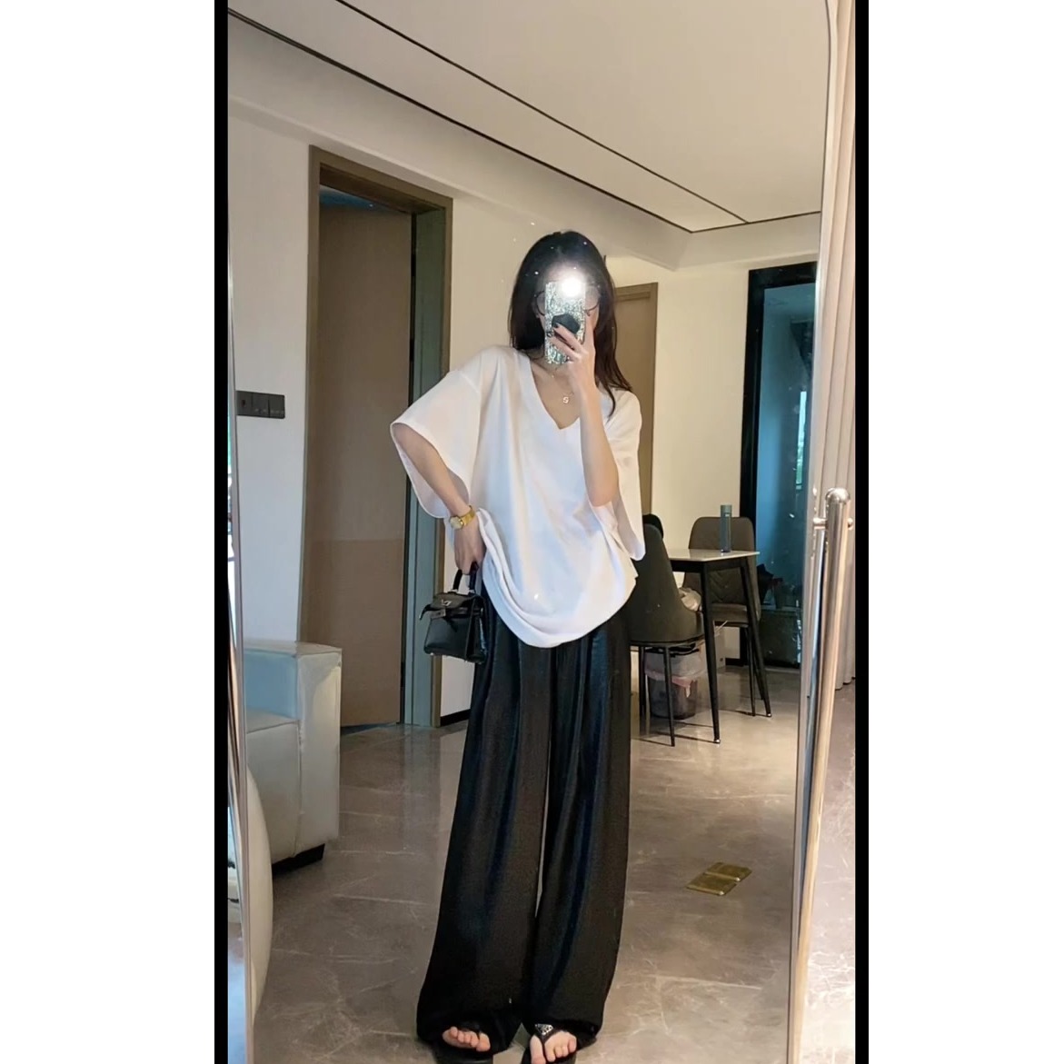 纯色基础款松弛感慵懒风宽松大V领口短袖T恤上衣女夏季百搭显瘦