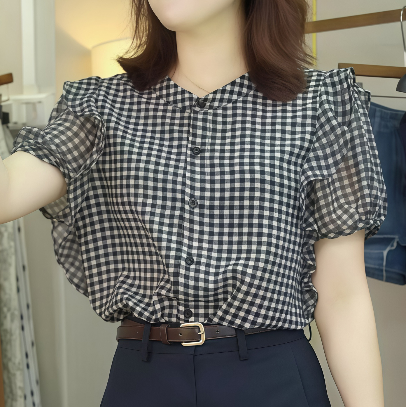 6769夏季通勤甜美洋气显瘦时尚百搭设计感小众格子韩版上衣女潮流