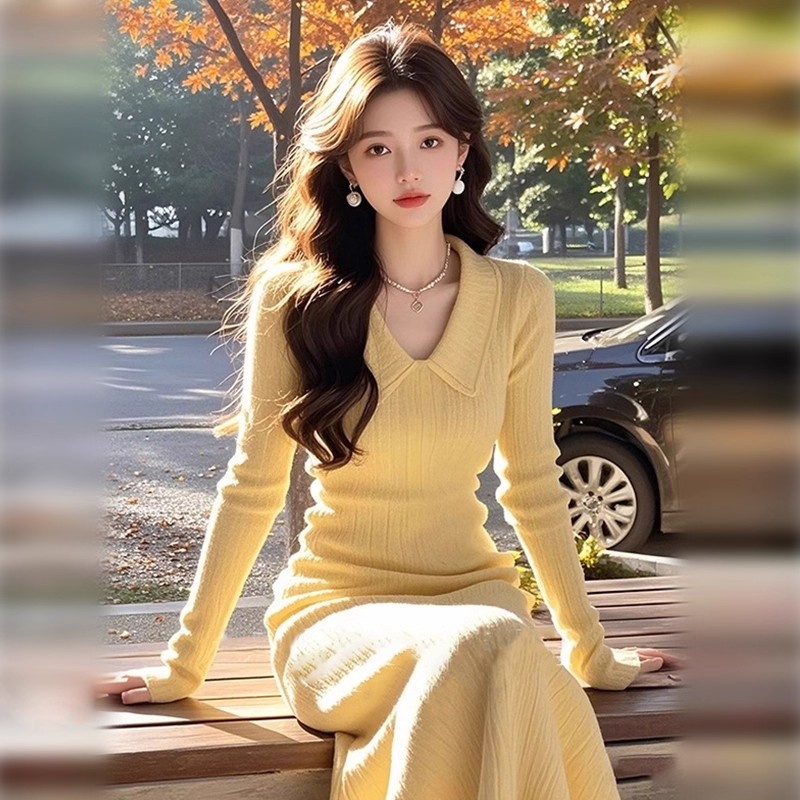 2025年时尚宽松显瘦亮黄色polo领针织孕妇连衣裙修身显瘦孕妇长裙