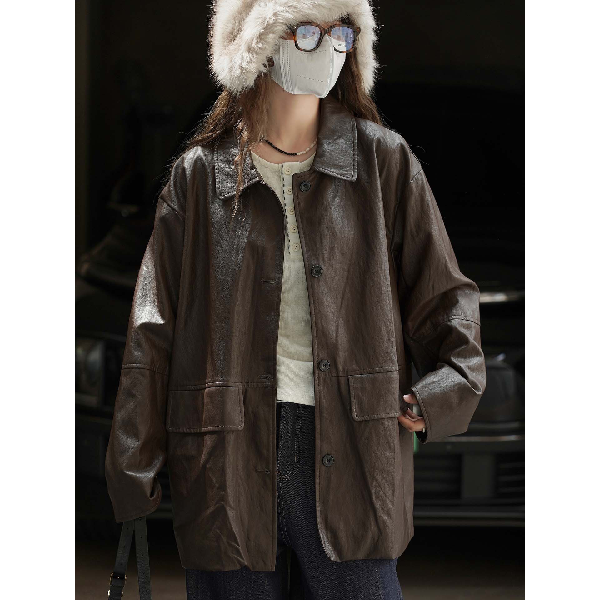 叙漫冬季新款韩版时髦老钱风平整分割PU皮夹克宽松显瘦翻领外套女