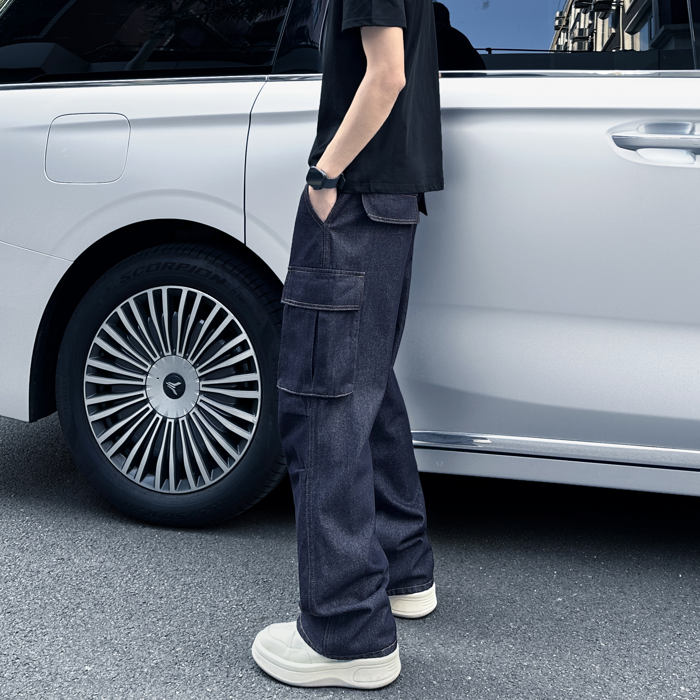 QUALCOMM美式固色工艺丹宁蓝大口袋工装裤男女秋季复古直筒牛仔裤