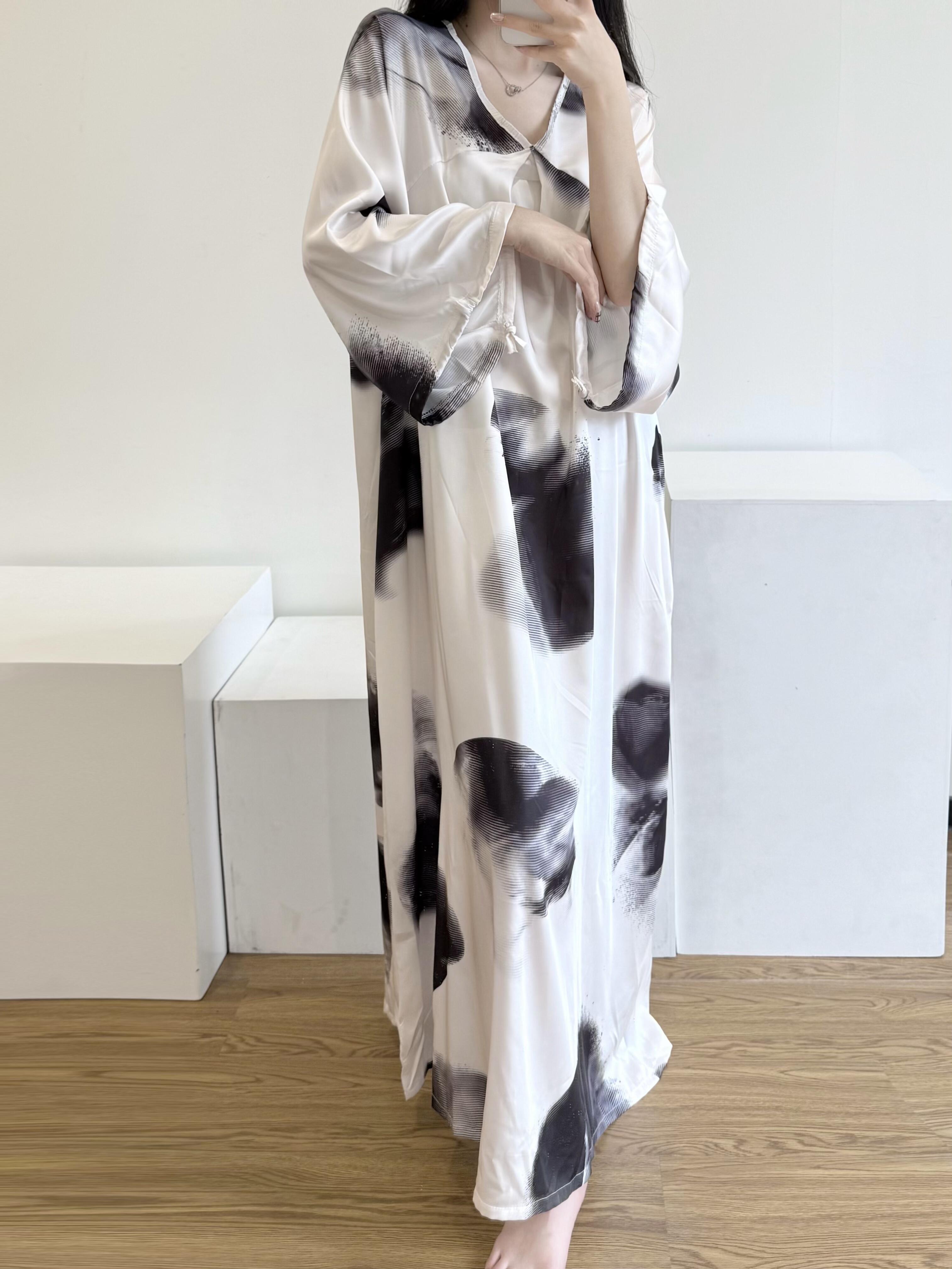 新中式国风水墨画长袖睡裙女夏季新款小众设计感V领连衣裙家居服