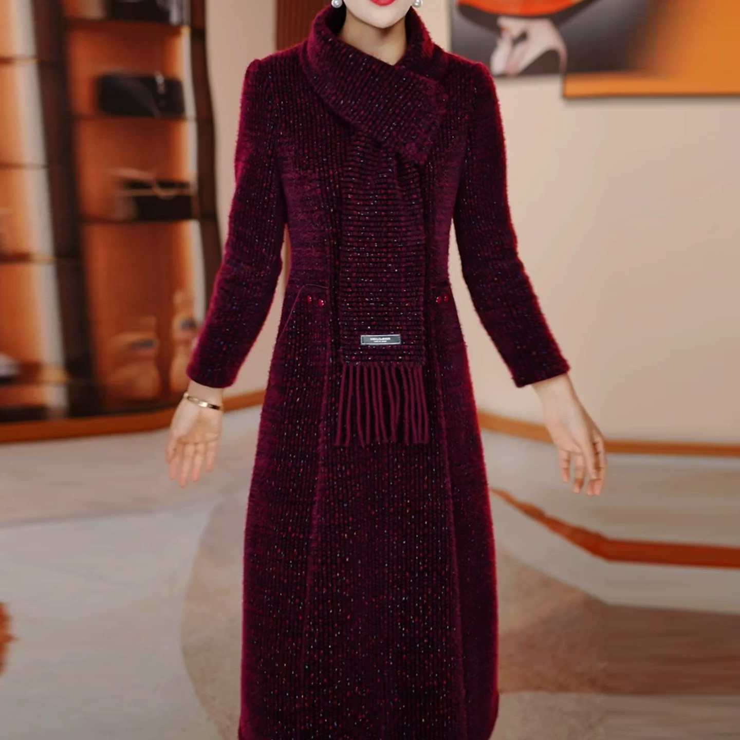 【衣雅严选】8101-2425#加绒软精仿混纺彩虹线围巾两件套连衣裙