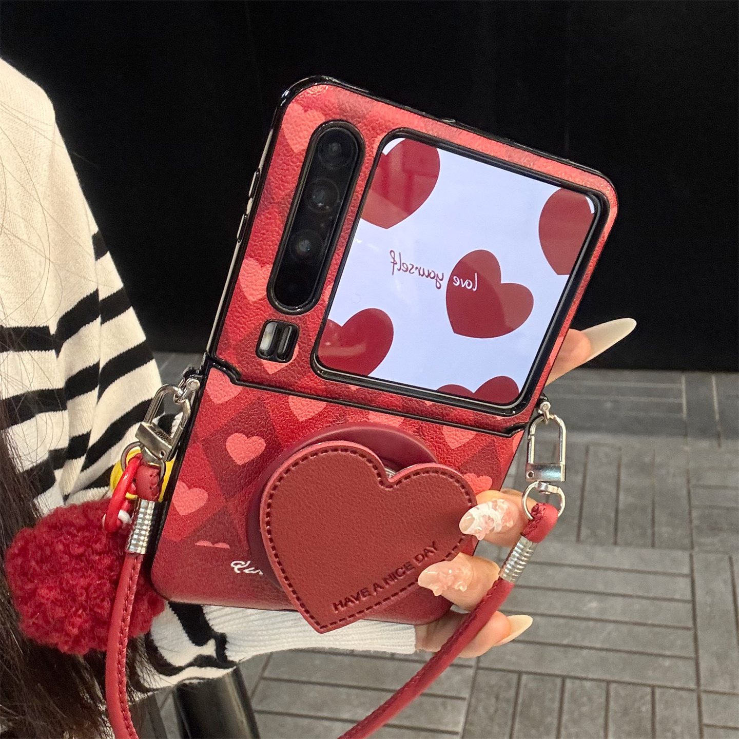 适用华为purax折叠屏手机壳酒红菱格pocket2皮纹爱心磁吸支架手绳