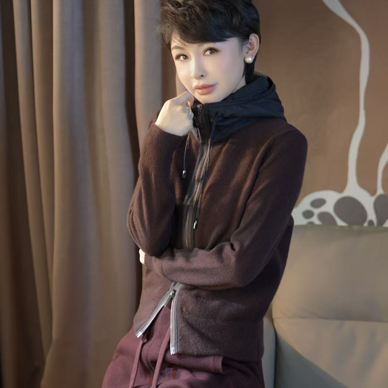 名港原创【绒绻象限】慵懒风双拉链立领针织开衫女装连帽上衣MG8300