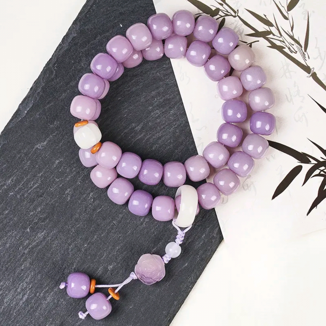 香芋泥紫菩提根山茶花吊坠手持双圈手串10mm小清新