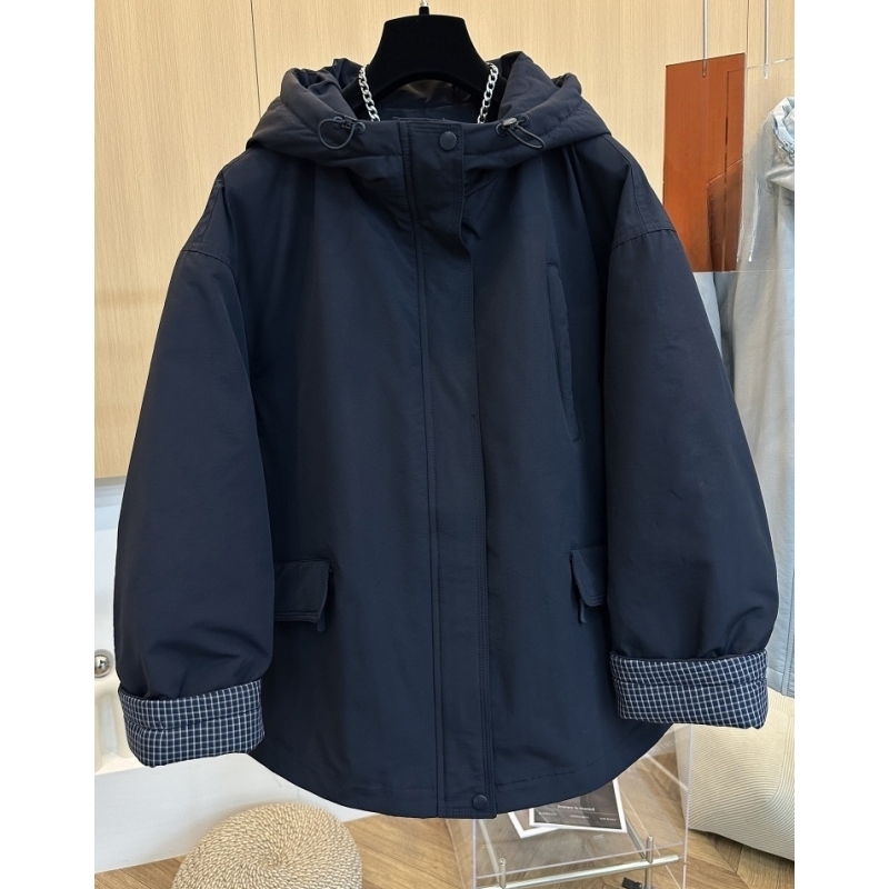 高端欧货冬季新款高级感时尚格子拼接宽松连帽冲锋衣棉服厚外套女