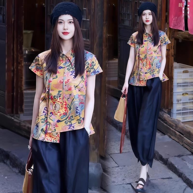新中式国风套装女士2025夏季新款高级感气质短袖碎花衫休闲直筒裤